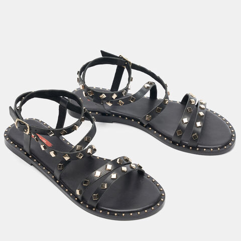 sandalias planas con tachuelas, Negro sandalias planas con tachuelas, Negro